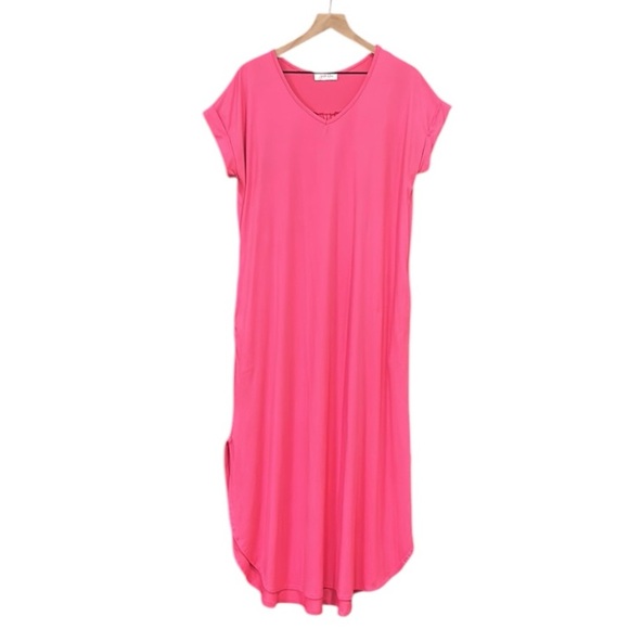 Jess Lea Casual Loose Fit Short Sleeve V-Neck Split Hem Maxi Dress Pink Large - Picture 5 of 10